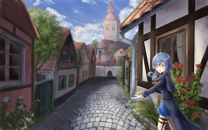 1girl bangs belt blue_eyes blue_hair blue_sailor_collar blue_shirt blue_skirt blue_sky blush building cane clouds cloudy_sky commentary_request curtains day door drainpipe eyebrows_visible_through_hair flower gloves gotland_(kantai_collection) grass hadron9 hair_between_eyes highres house kantai_collection long_hair long_sleeves looking_at_viewer miniskirt mole mole_under_eye outdoors outstretched_hand parted_lips pavement plant road rose sailor_collar scenery shirt sidelocks skirt sky smile solo standing street thigh_strap tile_roof tower town tree uniform white_gloves window