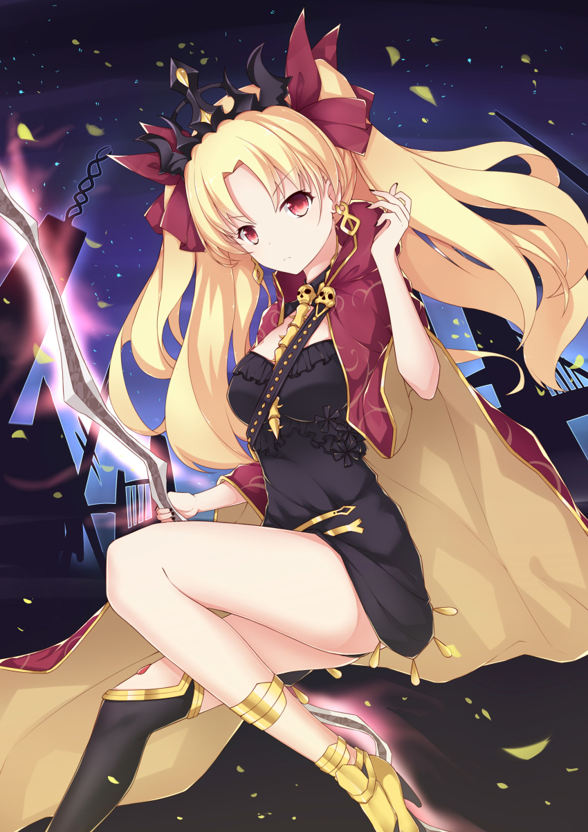 1girl absurdres black_dress blonde_hair bow diadem dress earring_removed ereshkigal_(fate/grand_order) eyebrows_visible_through_hair fate/grand_order fate_(series) floating_hair hair_bow haori highres holding holding_sword holding_weapon japanese_clothes long_hair looking_at_viewer night poinia red_bow red_eyes short_dress solo sword very_long_hair weapon