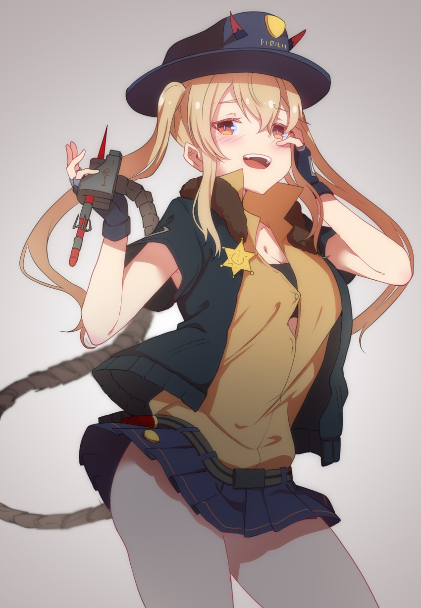 1girl absurdres bangs belt black_jacket blonde_hair blush breasts button_gap commentary_request fangs fingerless_gloves fur-trimmed_jacket fur_trim girls_frontline gloves hat hayarob highres horns jacket long_hair looking_at_viewer m870_(girls_frontline) open_mouth police_badge police_hat red_eyes shirt shotgun_shells skirt solo strapless tubetop twintails