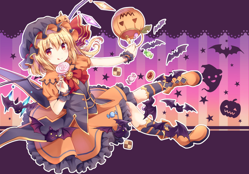 1girl :q absurdres alternate_costume ankle_boots basket bat black_hat black_vest blonde_hair blush boots bow bowtie brooch candy candy_wrapper checkerboard_cookie cookie crystal eyebrows_visible_through_hair flandre_scarlet food frilled_skirt frills full_body ghost gradient gradient_background halloween halloween_basket hat hat_ribbon highres holding holding_basket holding_lollipop huge_filesize jack-o'-lantern jam_cookie jewelry kneehighs knees_together_feet_apart kure~pu licking_lips lollipop looking_at_viewer mob_cap one_side_up orange_footwear orange_shirt orange_skirt outline outstretched_arm pigeon-toed puffy_short_sleeves puffy_sleeves pumpkin red_bow red_eyes red_ribbon ribbon shirt short_hair short_sleeves sitting skirt skirt_set smile solo star starry_background striped striped_background striped_legwear swirl_lollipop thumbprint_cookie tongue tongue_out touhou vertical-striped_background vertical_stripes vest wings wrist_cuffs