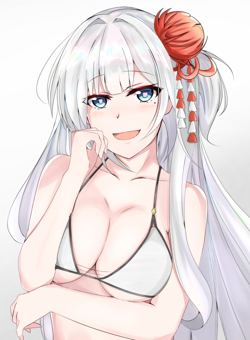azur_lane bikini blue_eyes blush bow breasts cleavage collarbone hair_bow hand_on_breasts hand_on_head highres long_hair moppy1029 open_mouth shoukaku_(azur_lane) silver_hair simple_background smile solo swimsuit
