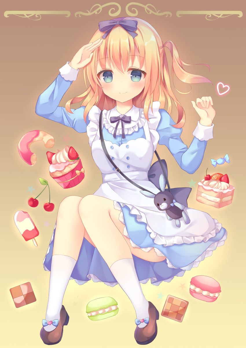 1girl absurdres animal_bag apron arm_up bag bangs blonde_hair blue_bow blue_dress blue_eyes blush bow brown_background brown_footwear cake checkerboard_cookie cherry closed_mouth commentary_request cookie cupcake doughnut dress eyebrows_visible_through_hair food frilled_apron frills fruit hair_between_eyes hair_bow heart highres long_hair looking_at_viewer macaron one_side_up original popsicle purple_bow salute shoes shoulder_bag simple_background slice_of_cake smile socks solo tsuruse white_apron white_legwear