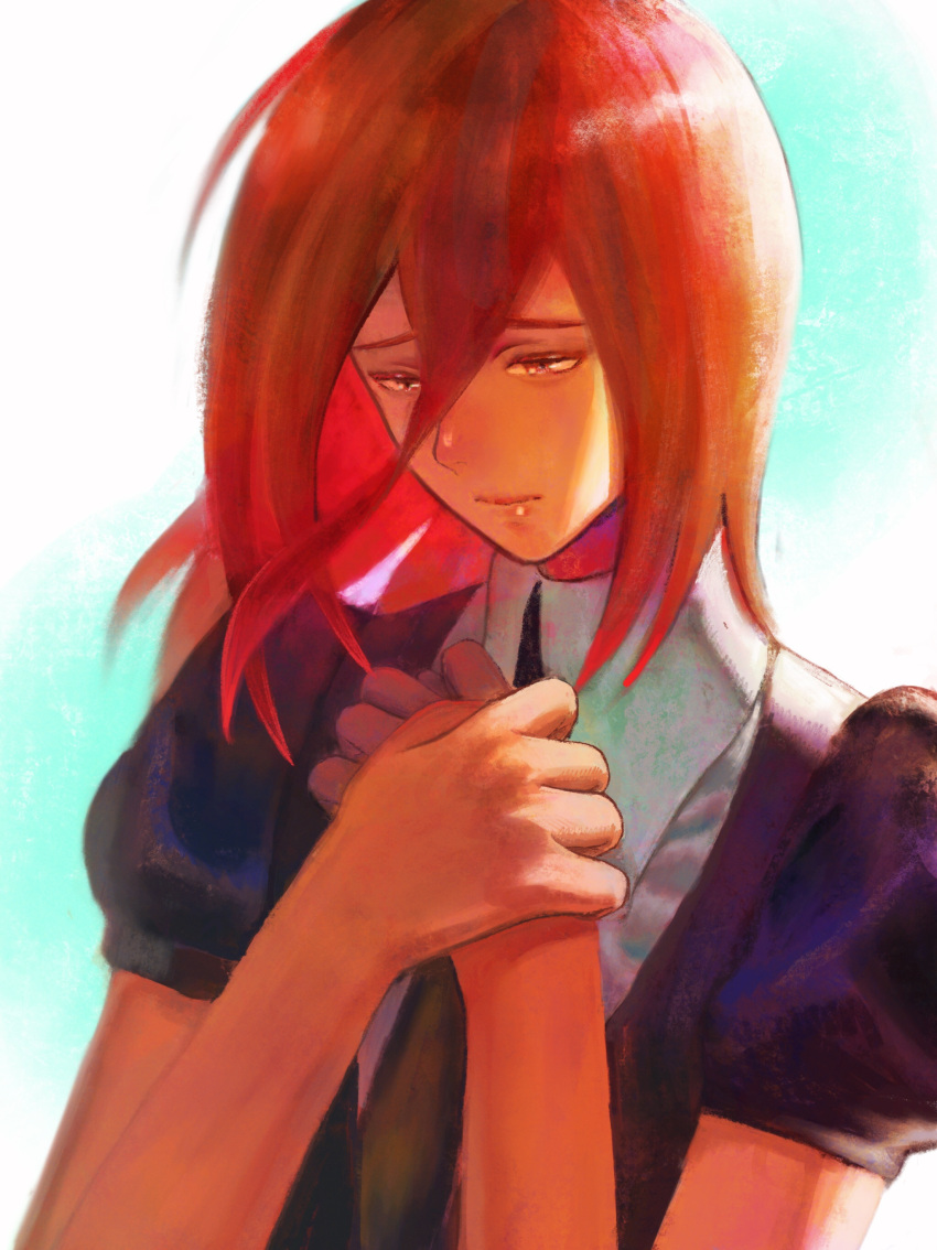 1other absurdres androgynous colored_eyelashes gem_uniform_(houseki_no_kuni) hair_between_eyes hands_on_own_chest hands_together highres houseki_no_kuni long_bangs moyu_(forest1101) necktie red_eyes redhead sad shinsha_(houseki_no_kuni) short_hair solo upper_body