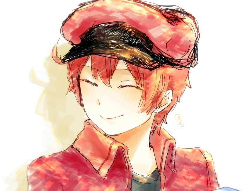 1girl ae-3803 black_shirt cabbie_hat closed_eyes closed_mouth commentary hat hataraku_saibou highres jacket light_smile misu profile red_blood_cell_(hataraku_saibou) red_hat red_jacket redhead shirt short_hair signature sketch solo white_background
