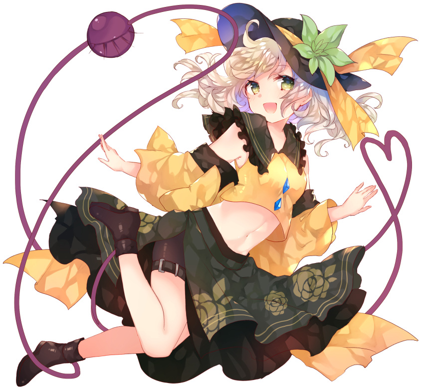 1girl ahoge ankle_boots bangs bare_legs bike_shorts black_footwear black_hat blonde_hair boots buckle detached_sleeves floral_print frilled_shirt_collar frills green_eyes green_skirt hat hat_ornament hat_ribbon heart heart_of_string highres komeiji_koishi leaf long_skirt long_sleeves looking_at_viewer medium_hair midriff navel pelvic_curtain print_skirt ribbon rose_print shirt shorts shorts_under_skirt simple_background skirt solo stomach sweetroad third_eye touhou white_background wings yellow_ribbon yellow_shirt