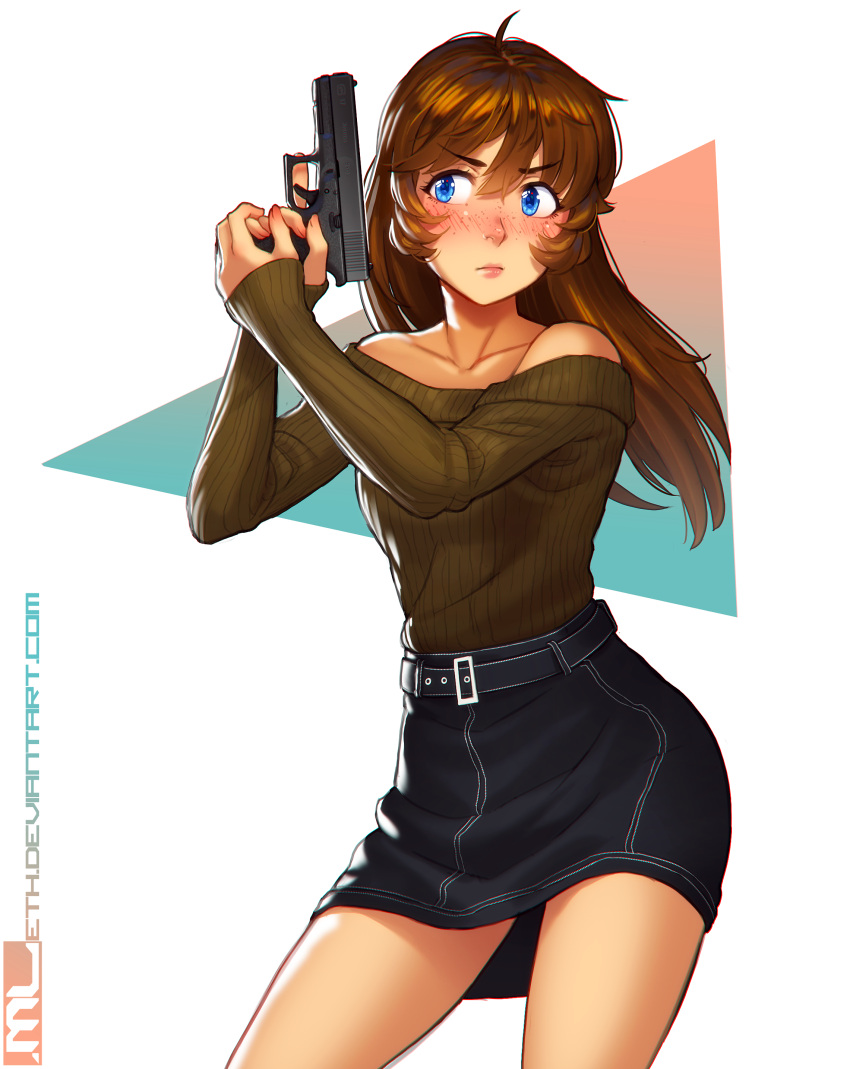 1girl absurdres bare_shoulders belt black_skirt blue_eyes blush breasts brooke_(mathias_leth) brown_hair brown_sweater collarbone commentary english_commentary eyebrows_visible_through_hair freckles glock gun hair_down handgun highres holding holding_weapon long_hair mathias_leth off-shoulder_sweater original ribbed_sweater skirt small_breasts solo sweater trigger_discipline weapon
