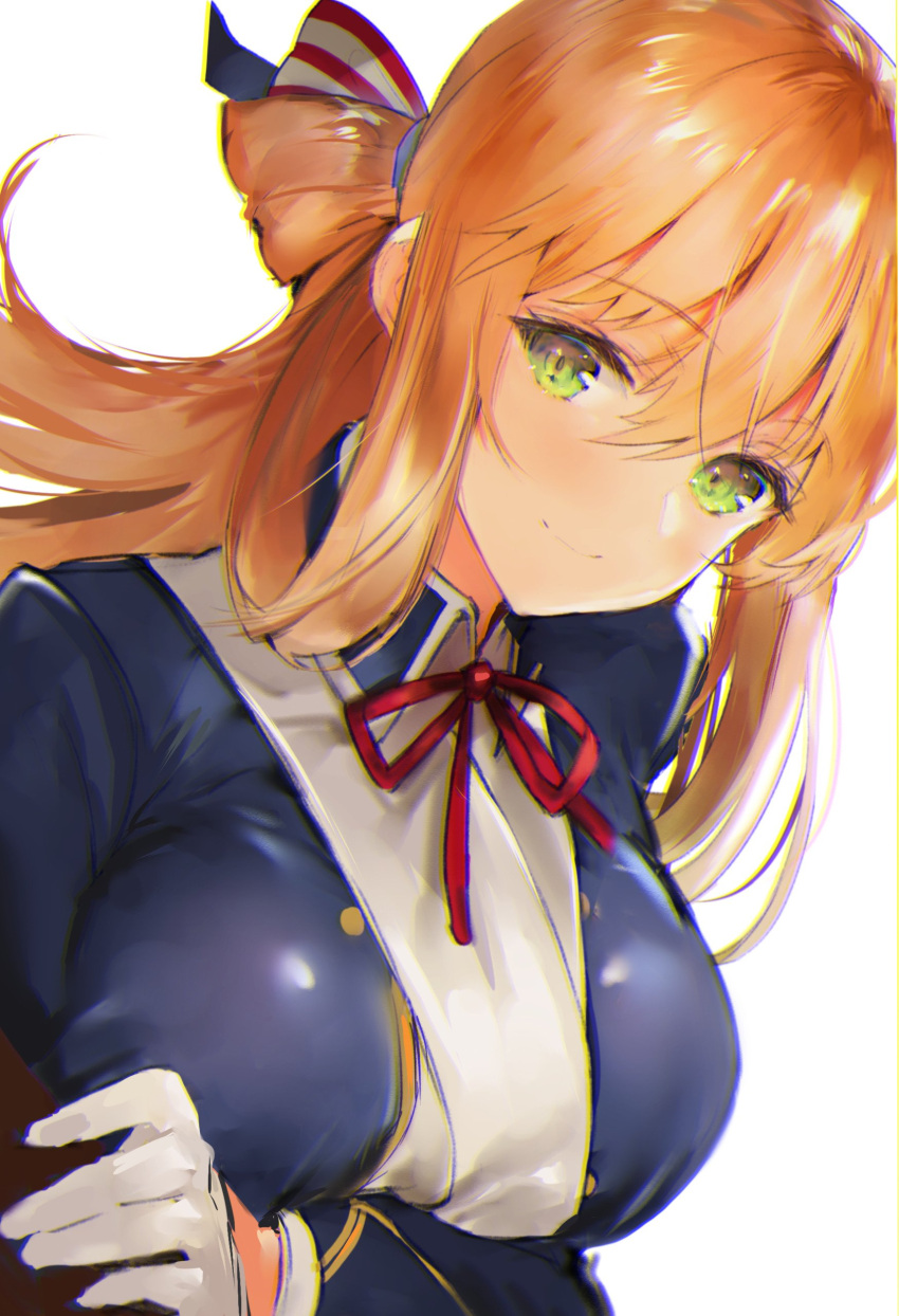 1girl absurdres bangs blazer blue_jacket blush bow breasts closed_mouth girls_frontline gloves green_eyes hair_between_eyes hair_bow hair_rings highres hitaki_yuu jacket large_breasts light_brown_hair long_hair looking_at_viewer m1903_springfield_(girls_frontline) neck_ribbon ponytail red_ribbon ribbon sidelocks simple_background smile solo striped striped_bow white_background white_gloves