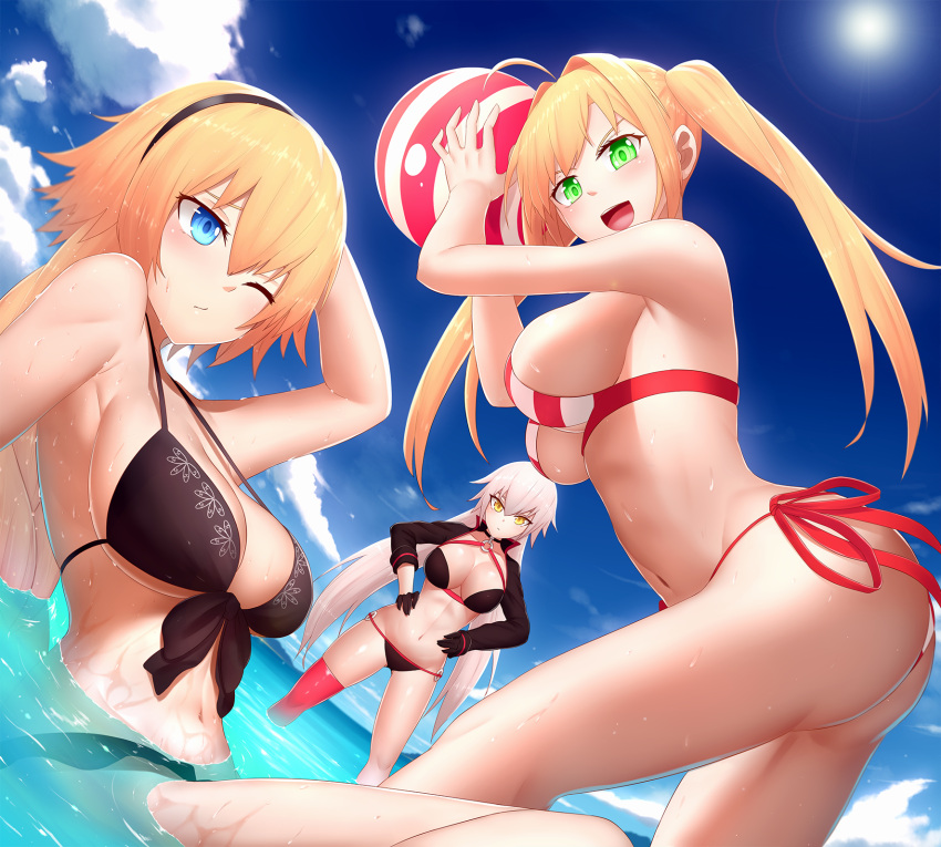 3girls :d ahoge ball beachball bikini black_bikini black_gloves black_hairband blonde_hair blue_eyes blue_sky blush breasts bu_li clouds day fate/grand_order fate_(series) gloves green_eyes hair_between_eyes hairband hands_on_hips highres holding holding_ball jeanne_d'arc_(alter_swimsuit_berserker) jeanne_d'arc_(fate)_(all) jeanne_d'arc_(swimsuit_archer) large_breasts long_hair long_sleeves looking_at_viewer multiple_girls navel nero_claudius_(fate)_(all) nero_claudius_(swimsuit_caster)_(fate) ocean one_eye_closed open_mouth outdoors partially_submerged red_bikini red_legwear side-tie_bikini single_thighhigh sitting sky smile standing striped striped_bikini sun swimsuit thigh-highs twintails water wet white_hair yellow_eyes
