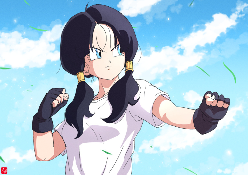 1girl black_gloves black_hair blue_eyes blue_sky breasts chris_re5 clenched_hands clouds day dragon_ball dragon_ball_(classic) gloves hair_ornament looking_to_the_side low_twintails shirt short_sleeves sky solo twintails upper_body videl white_shirt