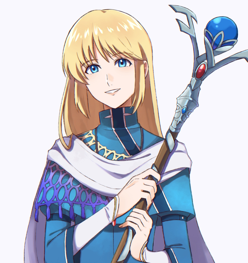 1boy blonde_hair blue_eyes cloak fire_emblem fire_emblem:_rekka_no_ken highres holding kuruto. looking_at_viewer lucius nintendo portrait smile solo staff