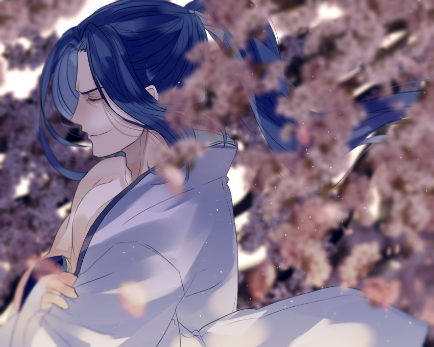 1boy assassin_(fate/stay_night) blue_hair blurry cherry_blossoms closed_eyes closed_mouth crossed_arms dekoyama depth_of_field fate/grand_order fate/stay_night fate_(series) floating_hair from_side hadanugi_dousa japanese_clothes light_particles long_hair neck off_shoulder petals ponytail profile single_bare_shoulder smirk smug upper_body