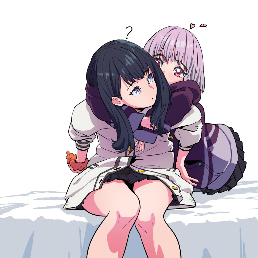 2girls black_hair black_skirt blue_eyes eyebrows_visible_through_hair highres jacket lavender_hair long_hair long_sleeves multiple_girls nukosann off_shoulder purple_jacket school_uniform scrunchie shinjou_akane shirt skirt ssss.gridman takarada_rikka wrist_scrunchie