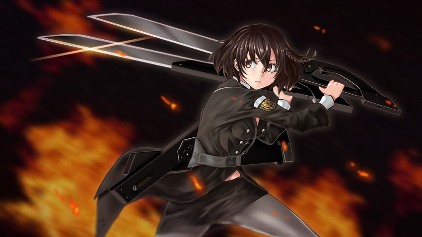 1girl black_hair black_skirt braid breasts brown_eyes buchi dual_wielding grey_legwear holding iron_saga looking_at_viewer military military_uniform nakago_iii_(iron_saga) pencil_skirt scissor_blade sheath skirt small_breasts solo uniform