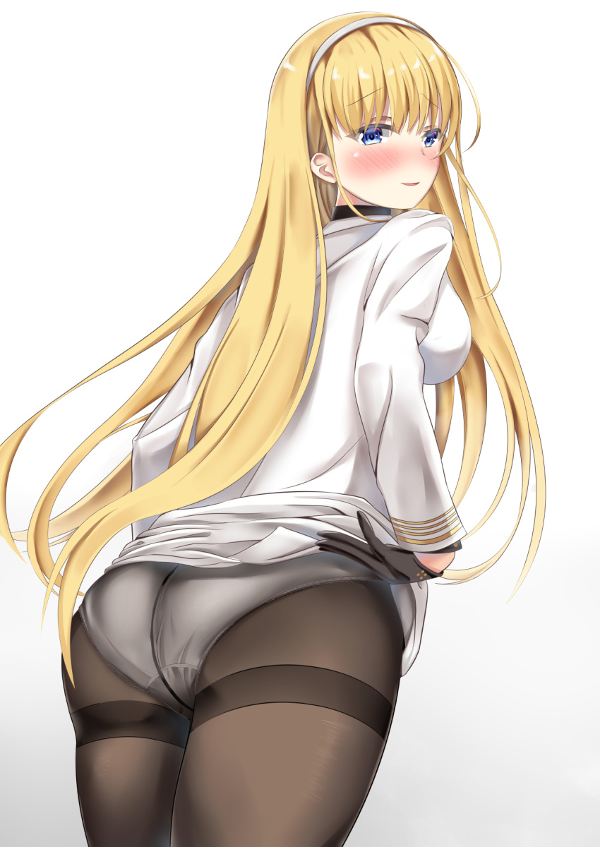 1girl azur_lane bangs black_gloves black_legwear blonde_hair blue_eyes blush breasts choker eyebrows_visible_through_hair from_behind gloves grey_background hairband highres kanade_pa large_breasts lifted_by_self long_hair looking_at_viewer looking_back military north_carolina_(azur_lane) open_mouth panties panties_under_pantyhose pantyhose sidelocks simple_background skirt skirt_lift smile solo thighband_pantyhose underwear uniform white_hairband white_panties