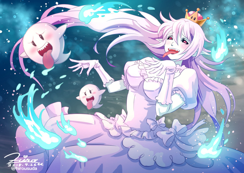 1girl blue_fire blush boo breasts cleavage crown dated dress dress_bow fire gloves long_hair looking_at_viewer luigi's_mansion super_mario_bros. new_super_mario_bros._u_deluxe nintendo open_mouth princess_king_boo puffy_short_sleeves puffy_sleeves sharp_teeth short_sleeves skirt super_crown teeth tongue tongue_out twitter_username usuda_hiro white_dress white_gloves white_hair white_skirt