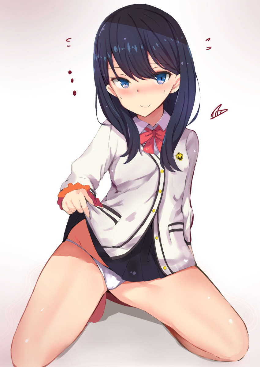1girl black_hair blue_eyes blush bow bowtie cardigan closed_mouth commentary_request heart highres kneeling legs long_sleeves looking_at_viewer muoto panties red_neckwear shirt short_hair smile solo ssss.gridman takarada_rikka thighs underwear white_cardigan white_panties white_shirt