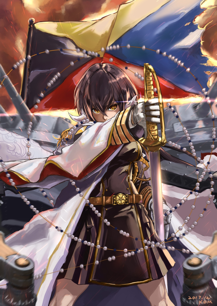 1girl aiguillette azur_lane bangs banner belt black_hair black_jacket black_skirt blurry breasts brown_hair cannon clouds cloudy_sky covered_mouth dated depth_of_field epaulettes glint gloves hair_between_eyes highres holding holding_sword holding_weapon horns impossible_clothes jacket kdm_(ke_dama) light_particles long_hair long_sleeves looking_at_viewer medium_breasts mikasa_(azur_lane) military military_uniform motion_blur open_mouth outdoors red_sky rigging sidelocks signature skirt sky solo sword turret uniform weapon white_gloves wind wind_lift