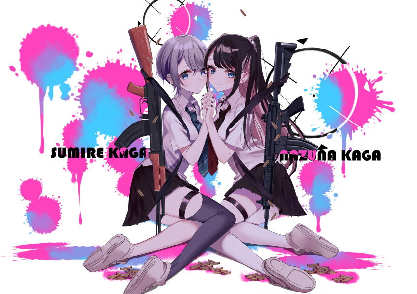 2girls blue_eyes blue_neckwear blush brown_hair brown_skirt collared_shirt gun highres interlocked_fingers kaga_nazuna kaga_sumire kneeling long_hair looking_at_viewer misumi_(macaroni) multiple_girls on_ground paint_splatter purple_legwear red_neckwear rifle rifle_on_back shirt short_hair short_sleeves silver_hair single_thighhigh skirt smile striped_neckwear thigh-highs virtual_youtuber weapon white_background white_footwear white_shirt