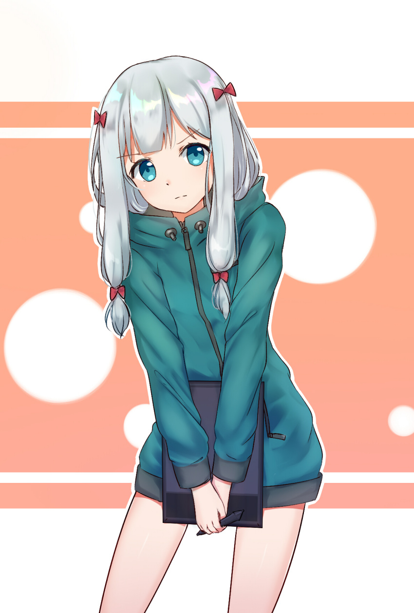 1girl aqua_sweater blue_eyes bow contrapposto eromanga_sensei hair_bow highres holding holding_pen izumi_sagiri long_hair looking_at_viewer mo_(pixiv9929995) naked_sweater pen red_bow shiny shiny_hair silver_hair solo standing sweater