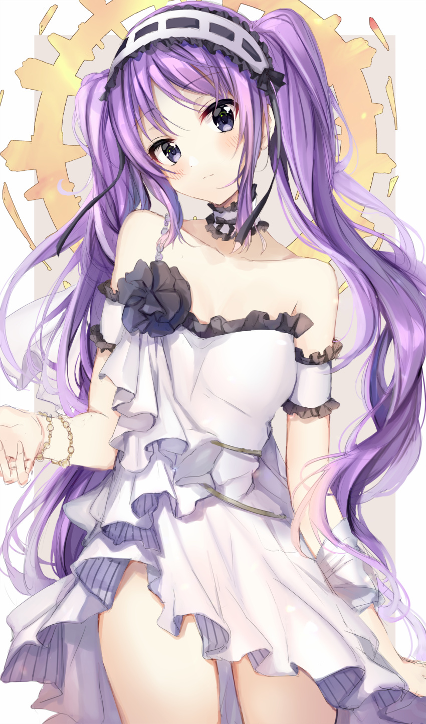 1girl bangs bare_shoulders black_flower black_rose blush breasts brown_background closed_mouth collarbone commentary_request cowboy_shot detached_sleeves dress euryale eyebrows_visible_through_hair fate/hollow_ataraxia fate_(series) flower frilled_hairband frills hairband hand_up head_tilt highres long_hair looking_at_viewer purple_hair ribbon-trimmed_hairband ribbon_trim rose satoimo_chika small_breasts solo strapless strapless_dress twintails two-tone_background very_long_hair violet_eyes white_background white_dress white_hairband