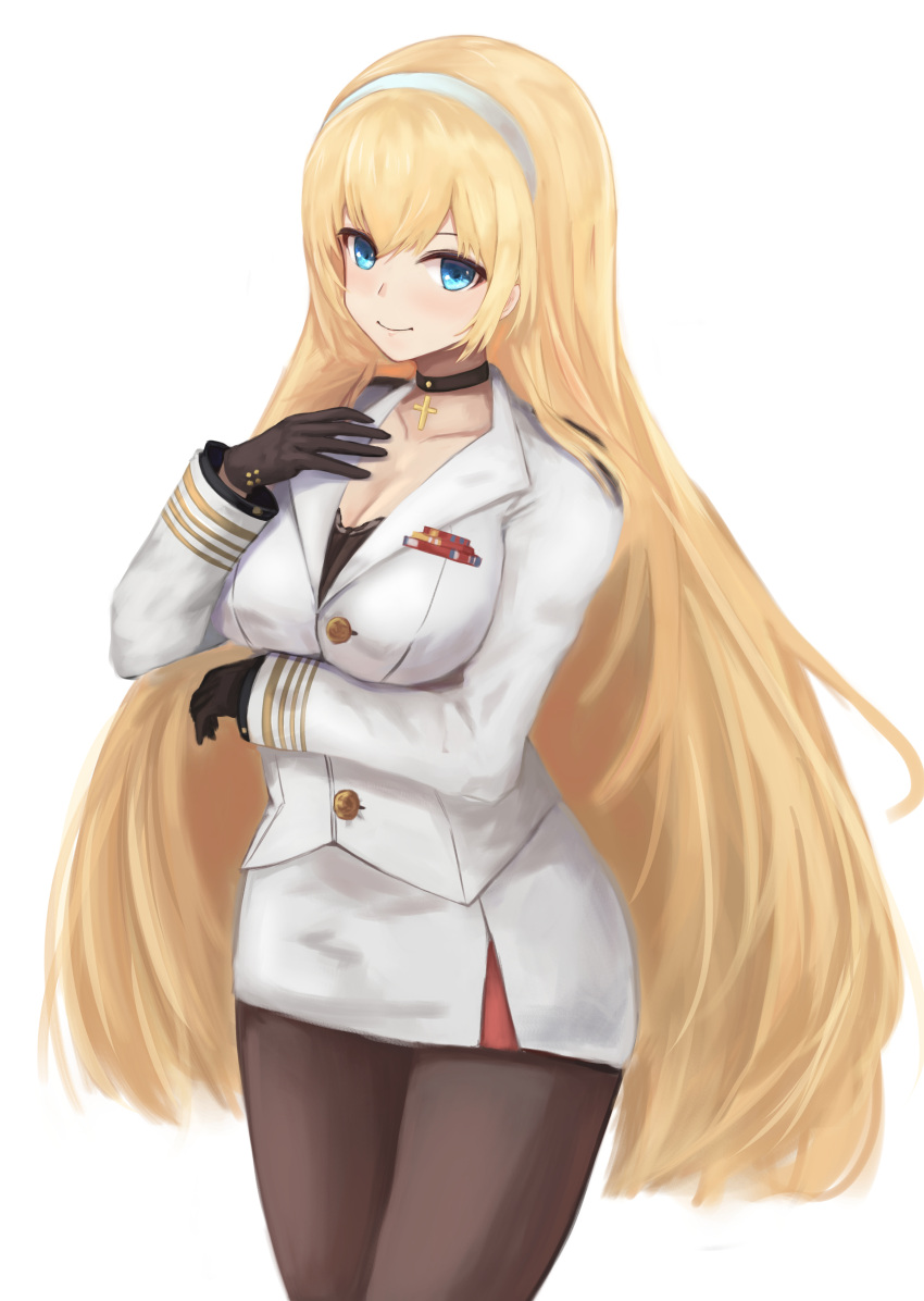 1girl absurdres azur_lane black_gloves black_legwear blonde_hair blue_eyes breasts cleavage collarbone cross gloves hairband hand_on_breasts highres kurusemina large_breasts long_hair looking_at_viewer military military_uniform north_carolina_(azur_lane) pantyhose simple_background smile solo standing uniform very_long_hair