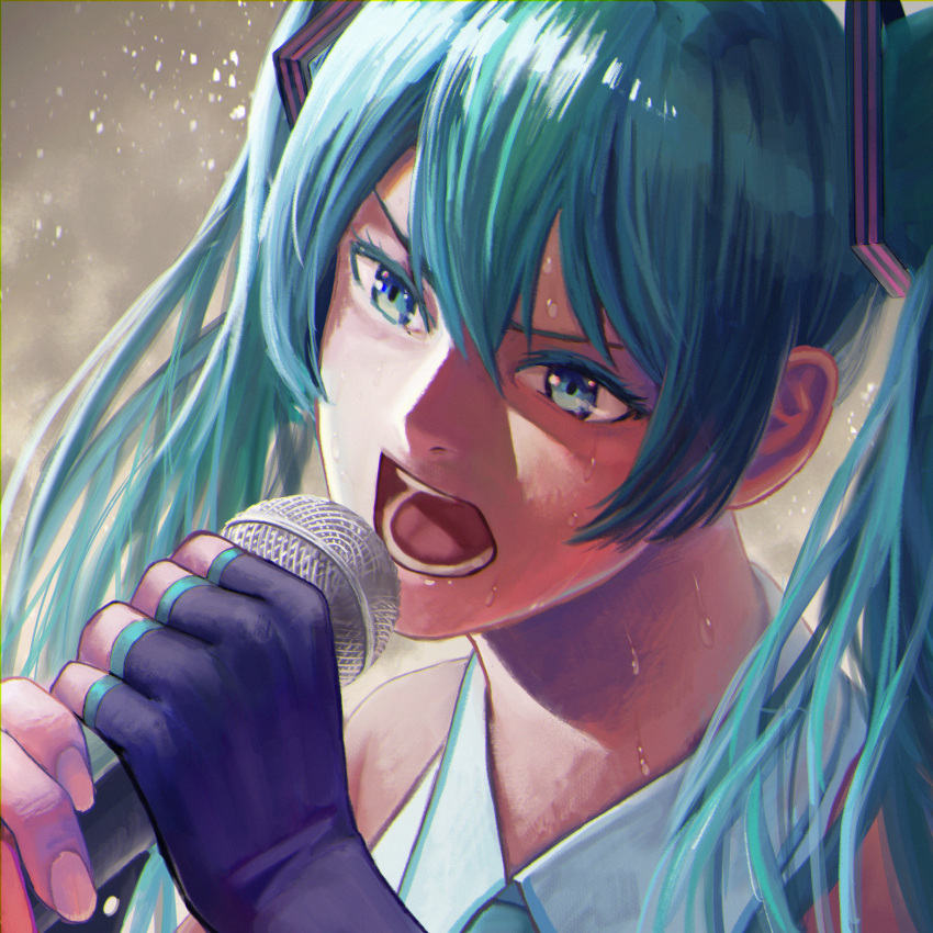 00s 1girl absurdres aqua_eyes aqua_hair blue_eyes blue_hair colored_eyelashes determined fingerless_gloves gloves hatsune_miku highres holding holding_microphone long_hair matching_hair/eyes microphone moyu_(forest1101) music open_mouth singing solo sweat twintails upper_body vocaloid