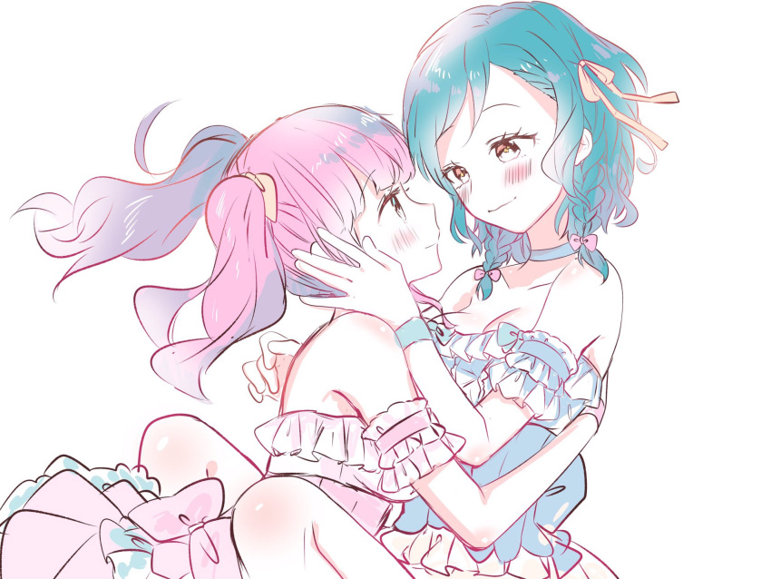 2girls back_bow bang_dream! bare_shoulders between_legs blue_choker blue_hair bow breasts choker cleavage collarbone detached_sleeves dress eye_contact face-to-face frilled_sleeves frills hair_bow hair_ribbon hana_kon_(17aaammm) hand_on_another's_face highres hikawa_hina hug long_hair looking_at_another maruyama_aya multiple_girls pink_hair ribbon short_hair side_braids simple_background small_breasts smile twintails white_background yellow_eyes yuri