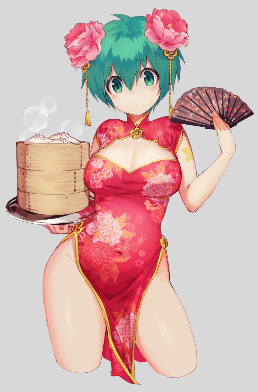 1girl absurdres bamboo_steamer baozi breasts character_request cleavage contrapposto cowboy_shot cropped_legs dress eyebrows_visible_through_hair fan floral_print flower folding_fan food genderswap genderswap_(mtf) green_eyes green_hair hair_between_eyes hair_flower hair_ornament highres holding holding_fan holding_tray keroro_gunsou looking_at_viewer medium_breasts mimoza_(96mimo414) no_panties pelvic_curtain pink_flower red_dress short_hair thighs tray