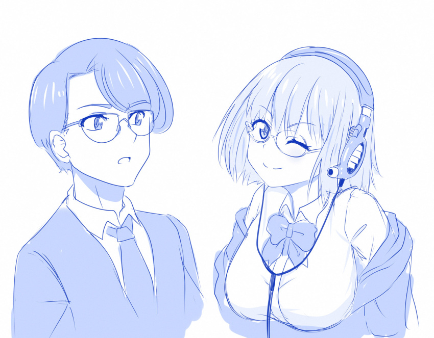 1boy 1girl ;) blue bow closed_mouth denkou_choujin_gridman glasses headphones highres looking_at_another looking_at_viewer monochrome off_shoulder one_eye_closed school_uniform shinjou_akane simple_background sketch smile ssss.gridman toudou_takeshi trait_connection upper_body viperxtr white_background