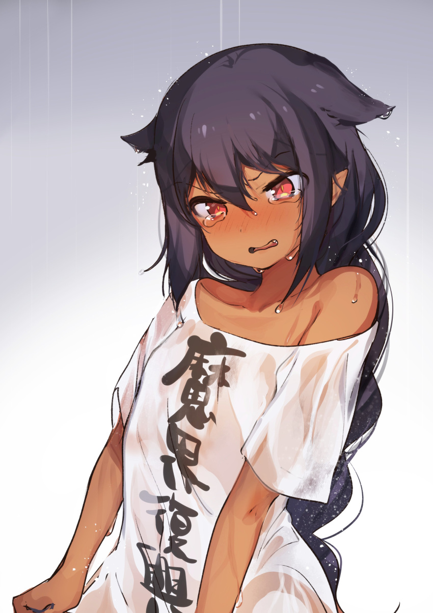 1girl absurdres black_hair braid crying dark_skin fang highres jahy jahy_sama_wa_kujikenai konbu_wakame long_hair off_shoulder oversized_clothes red_eyes shirt single_braid t-shirt tears wet wet_clothes