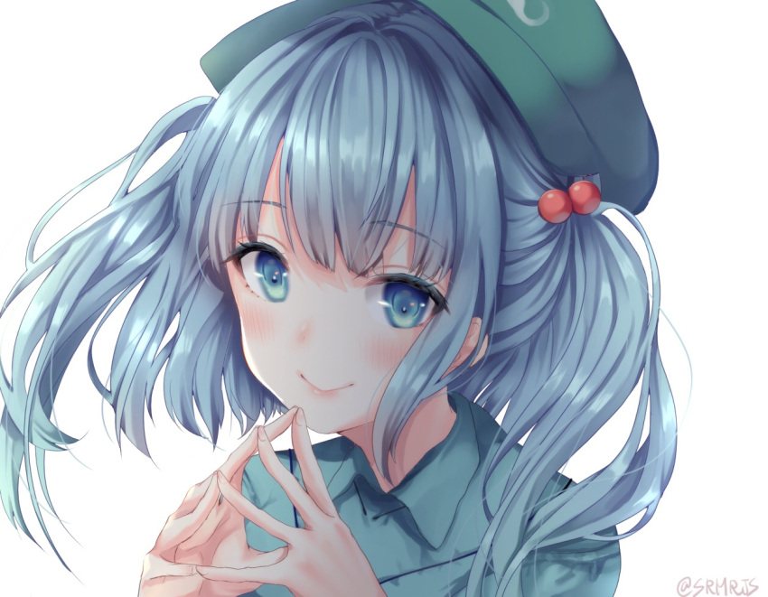 1girl artist_name bangs blue_eyes blue_hair blue_shirt blush cabbie_hat commentary_request eyebrows_visible_through_hair green_hat hair_bobbles hair_ornament hands_up hat kawashiro_nitori long_hair looking_at_viewer shiromoru_(yozakura_rety) shirt simple_background smile solo steepled_fingers touhou twitter_username two_side_up white_background wing_collar