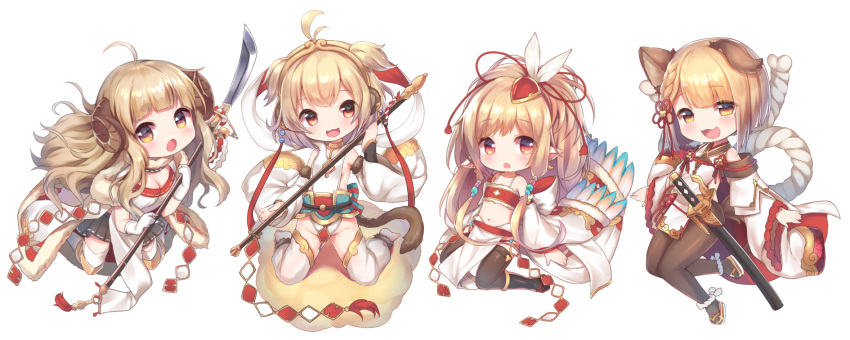 4girls :3 :d :o ahoge andira_(granblue_fantasy) anila_(granblue_fantasy) animal_ears antenna_hair bangs bare_shoulders barefoot bell black_legwear blonde_hair blunt_bangs blush braid breasts chibi cleavage detached_leggings detached_sleeves dog_ears draph erune eyebrows_visible_through_hair feathers full_body granblue_fantasy groin hagoromo hair_ornament hairband harvin highres holding holding_staff holding_weapon horns jingle_bell katana kneeling leotard long_hair long_sleeves looking_at_viewer mahira_(granblue_fantasy) monkey_ears monkey_tail multiple_girls naginata navel open_mouth pantyhose pleated_skirt pointy_ears polearm red_eyes rope shawl sheath sheathed sheep_horns shimenawa short_eyebrows short_hair simple_background skirt smile staff sword tail thick_eyebrows thigh-highs topia two_side_up vajra_(granblue_fantasy) very_long_hair weapon white_background white_legwear wide_sleeves yellow_eyes