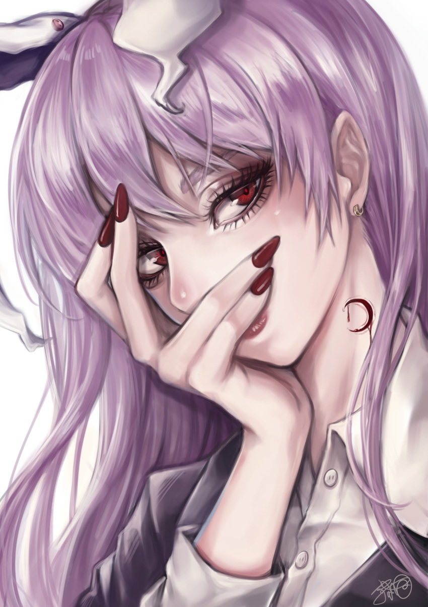 1girl absurdres animal_ears bangs bleeding blood buttons collared_shirt commentary_request covered_mouth covering_mouth crescent cuts dress_shirt earrings extra_ears eyelashes fingernails hand_on_own_face hand_over_own_mouth highres injury jewelry kyogoku-uru long_hair looking_at_viewer nail_polish purple_hair rabbit_ears red_eyes red_lips red_nails reisen_udongein_inaba shirt signature simple_background solo touhou upper_body white_background white_shirt