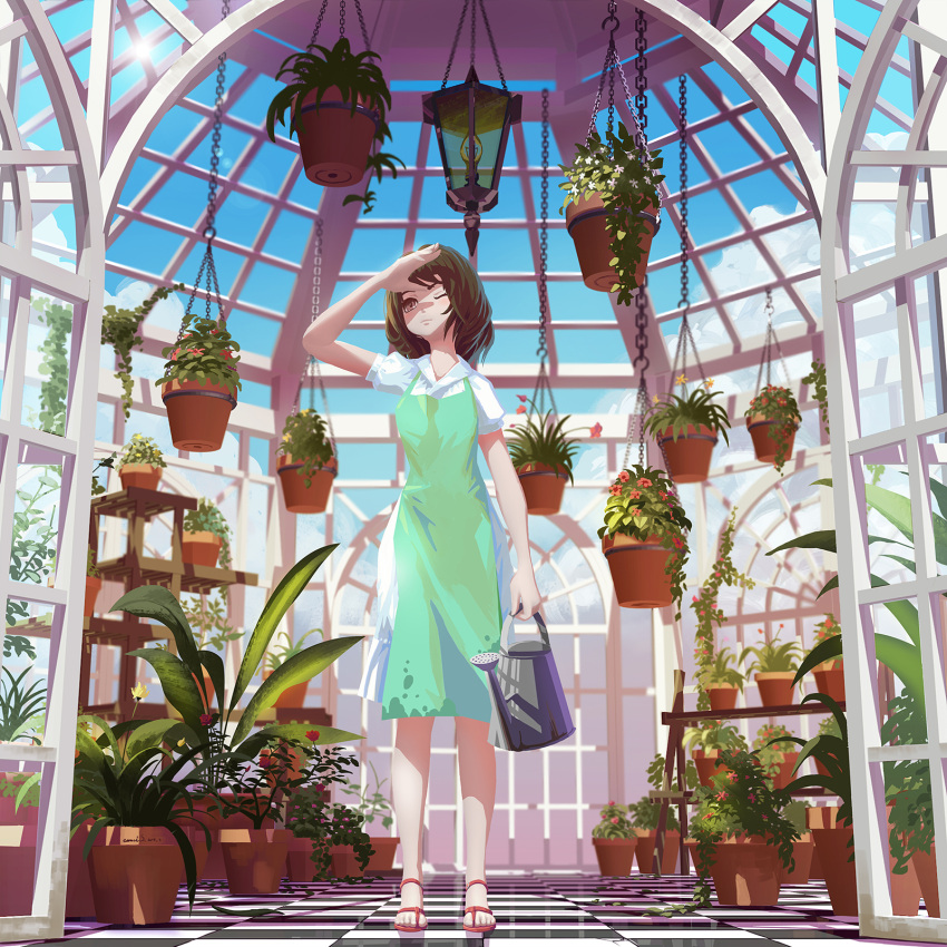 1girl arm_up blue_sky brown_eyes brown_hair checkered checkered_floor day dress florist green_dress highres indoors lantern medium_hair one_eye_closed original ost02 plant potted_plant puffy_short_sleeves puffy_sleeves sandals short_sleeves sky solo standing watering_can window zanshomimai
