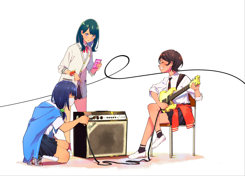 3girls absurdres amplifier blue_hair brown_hair cardigan chair commentary_request denkou_choujin_gridman electric_guitar green_hair guitar hassu highres instrument looking_at_another multiple_girls music namiko official_art parody playing_instrument pleated_skirt pointing short_hair simple_background sitting skirt smile ssss.gridman standing surgical_mask takarada_rikka white_background