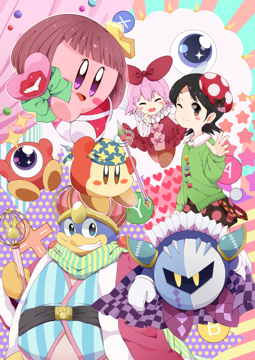 +_+ 2girls :d ;) adeleine bandana_waddle_dee bandanna bird black_hair black_skirt blush_stickers brown_eyes buttons closed_eyes green_sweater hair_ornament hand_up hat heart highres king_dedede kirby kirby's_dream_land kirby_(series) kracko mask meta_knight multiple_girls nintendo one_eye_closed open_mouth penguin polka_dot ponto1588 red_hat skirt smile staff star sweater tilted_headwear waddle_doo wig x_hair_ornament