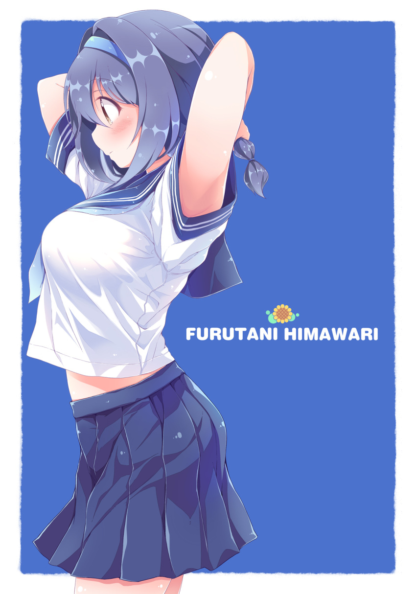 1girl arched_back arms_up blue_background blue_hair blue_neckwear blue_skirt blush breasts character_name closed_mouth cowboy_shot eyebrows_visible_through_hair flower from_side furutani_himawari hairband highres large_breasts looking_away neckerchief sailor_collar short_hair short_sleeves simple_background skirt solo sunflower takahero yuru_yuri