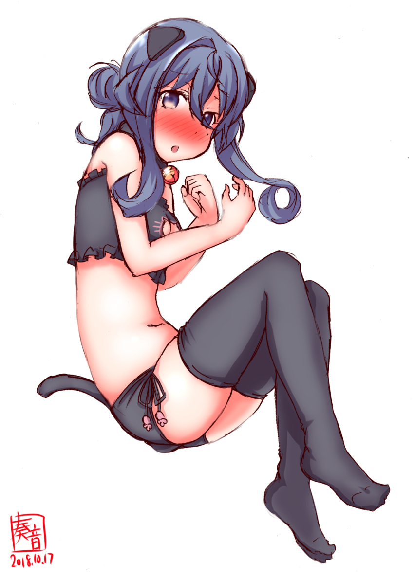 1girl alternate_costume animal_ears artist_logo bell bell_choker bell_collar black_bra black_legwear black_panties blue_eyes blue_hair blush bra breasts cat_cutout cat_ear_panties cat_ears cat_lingerie cat_tail choker cleavage_cutout collar commentary_request dated eyebrows_visible_through_hair fake_animal_ears fake_tail frilled_bra frills gotland_(kantai_collection) hair_between_eyes hair_bun highres jingle_bell kanon_(kurogane_knights) kantai_collection lingerie long_hair looking_at_viewer lying meme_attire mole mole_under_eye navel panties side-tie_panties simple_background small_breasts solo stomach tail thigh-highs underwear underwear_only white_background