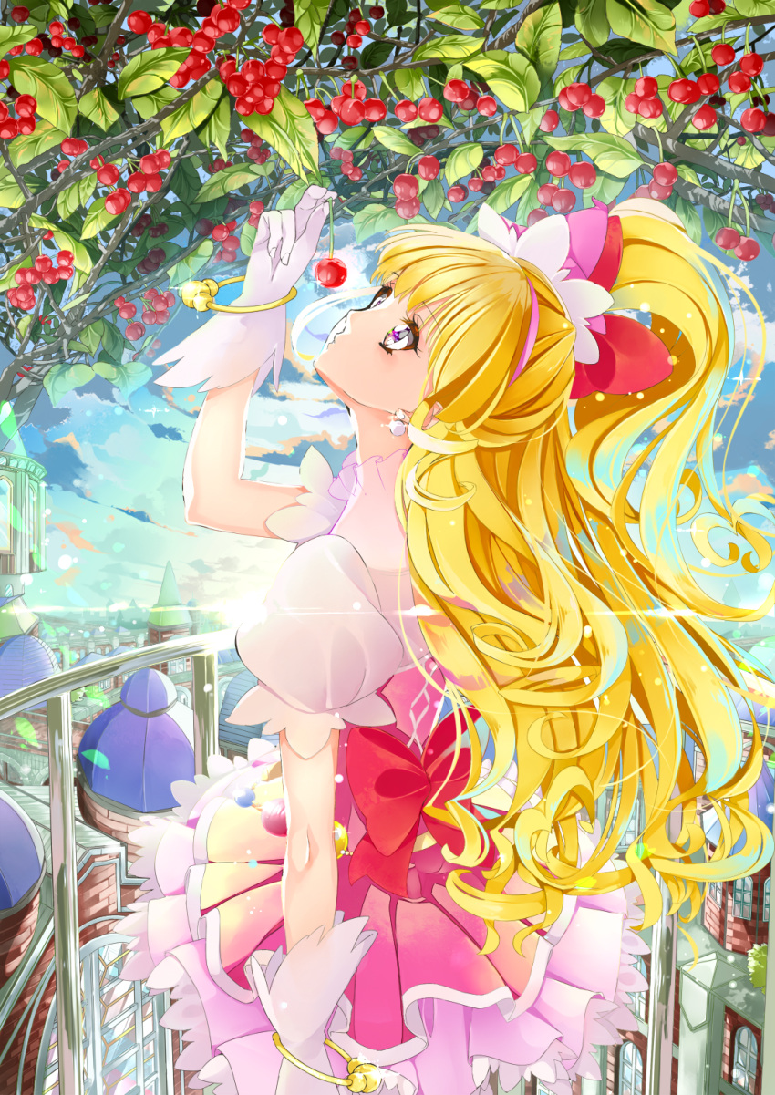 1girl asahina_mirai blonde_hair blue_sky bow bracelet cherry cure_miracle day earrings food from_behind fruit gloves hair_bow hair_ribbon head_tilt highres holding holding_fruit jewelry layered_skirt long_hair looking_up mahou_girls_precure! miniskirt outdoors pink_ribbon pink_skirt pleated_skirt precure red_bow ribbon short_sleeves side_ponytail skirt sky solo very_long_hair white_gloves yuutarou_(fukiiincho)