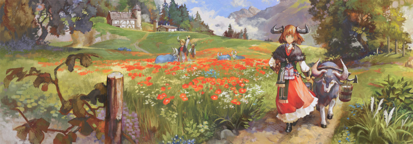 3girls animal arm_up blonde_hair brown_hair bucket capelet chibi_(shimon) clouds commentary_request day dress fantasy field flower flower_field food fruit fur-trimmed_capelet fur_trim goat grapes grass green_eyes horns house long_dress long_sleeves looking_at_viewer medium_hair mountain multiple_girls orange_hair original outdoors path poppy_(flower) red_dress red_flower road rural sky standing tree village walking waving wooden_bucket