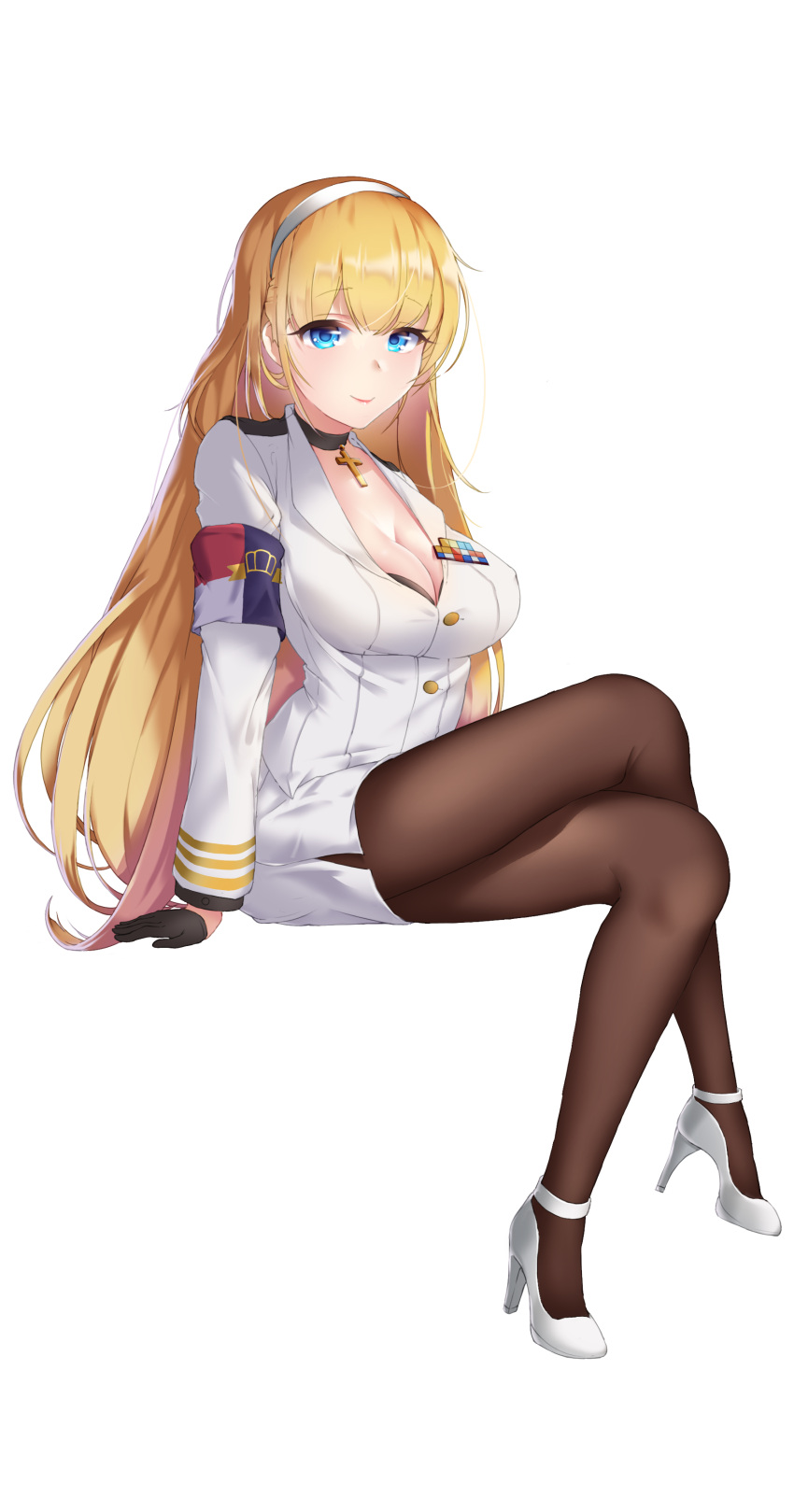 1girl absurdres apertio azur_lane black_gloves black_legwear blonde_hair blue_eyes breasts choker formal gloves hairband high_heels highres large_breasts long_hair military military_uniform miniskirt north_carolina_(azur_lane) pantyhose pencil_skirt sitting skirt suit uniform