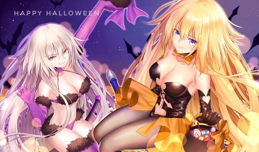 2girls absurdres arm_up bangs bare_shoulders black_gloves black_leotard blonde_hair blue_eyes bow bowtie breasts brown_eyes candy candy_wrapper cleavage closed_mouth collarbone commentary elbow_gloves english_commentary eyebrows_visible_through_hair fate/grand_order fate_(series) fishnet_pantyhose fishnets food fur-trimmed_gloves fur-trimmed_legwear fur_trim gloves gogatsu_fukuin grin hair_between_eyes halloween_basket happy_halloween heart_cutout highres jeanne_d'arc_(alter)_(fate) jeanne_d'arc_(fate) jeanne_d'arc_(fate)_(all) leotard lollipop long_hair looking_at_viewer medium_breasts multiple_girls navel orange_neckwear pantyhose purple_gloves purple_legwear silver_hair smile strapless strapless_leotard swirl_lollipop thigh-highs very_long_hair