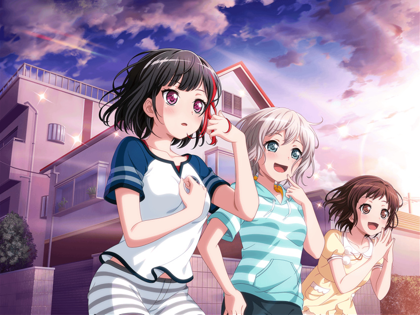 3girls aoba_moca bang_dream! black_hair blush cloud frown hazawa_tsugumi house mitake_ran official_art open_mouth pajamas red_eyes short_hair smile sunlight sunrise tree