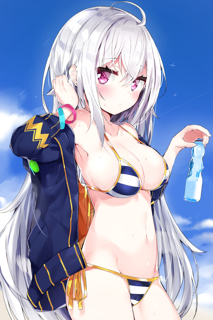 1girl absurdres ahoge arm_up bangs bare_shoulders bikini blue_jacket blue_sky bottle breasts cleavage clouds collarbone commentary_request day eyebrows_visible_through_hair groin hair_between_eyes headphones highres holding holding_bottle jacket kamioka_shun'ya long_hair long_sleeves looking_at_viewer medium_breasts midriff navel off_shoulder open_clothes open_jacket original outdoors ramune shiori_(kamioka_shun'ya) side-tie_bikini sidelocks silver_hair sky solo stomach striped striped_bikini swimsuit very_long_hair violet_eyes water_bottle wet