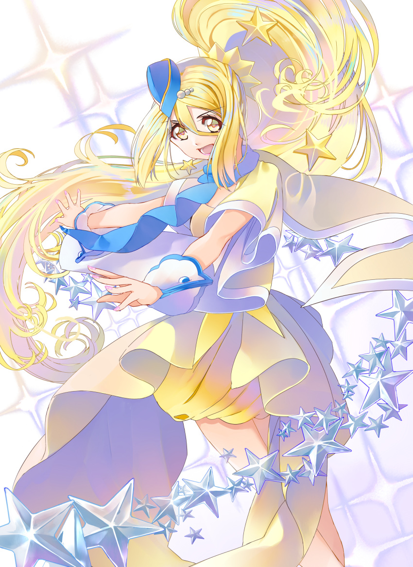 1girl absurdly_long_hair absurdres blonde_hair blue_hat blue_scarf bubble_skirt capelet cure_etoile earrings eyebrows_visible_through_hair floating_hair hair_between_eyes hat highres hugtto!_precure jewelry kagayaki_homare long_hair open_mouth outstretched_arms ponytail precure scarf skirt solo standing star star_earrings very_long_hair wrist_cuffs yellow_eyes yellow_skirt yuutarou_(fukiiincho)