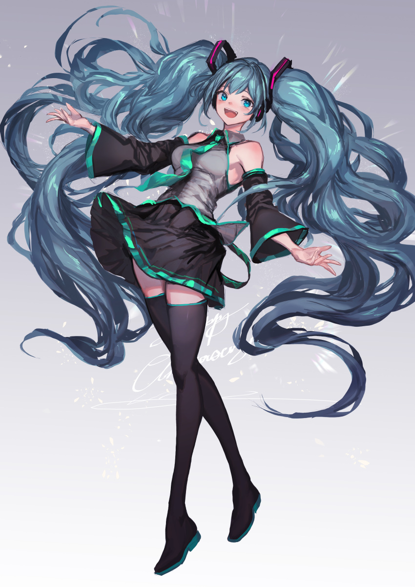 1girl absurdres aqua_eyes aqua_hair armpits bare_shoulders blue_eyes detached_sleeves floating_hair green_hair hatsune_miku highres lm7_(op-center) long_hair looking_at_viewer necktie outstretched_hand skirt sleeveless solo standing thigh-highs twintails very_long_hair vocaloid wide_sleeves