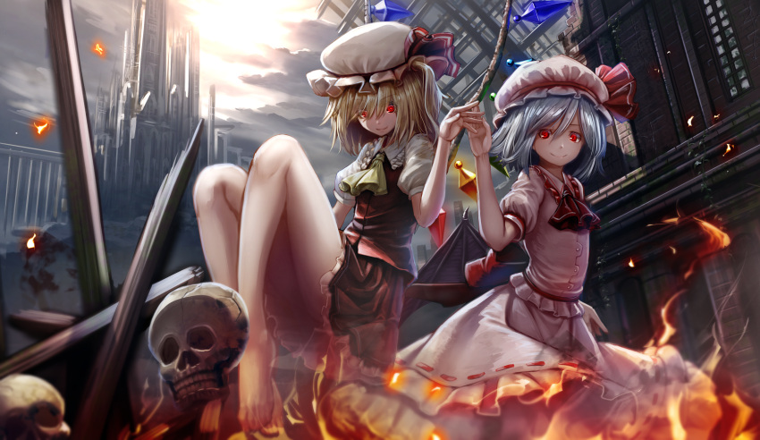 2girls ascot bangs barefoot bat_wings blonde_hair blue_hair building closed_mouth clouds eyebrows_visible_through_hair eyes_visible_through_hair fire flandre_scarlet frills hat hat_ribbon highres looking_at_viewer miniskirt mob_cap multiple_girls outdoors petticoat pink_hat pink_skirt pink_vest puffy_short_sleeves puffy_sleeves red_eyes red_ribbon red_skirt red_vest remilia_scarlet ribbon ribbon-trimmed_skirt ribbon_trim ryosios short_sleeves skirt skirt_set skull sky smile touhou vest white_hat wings