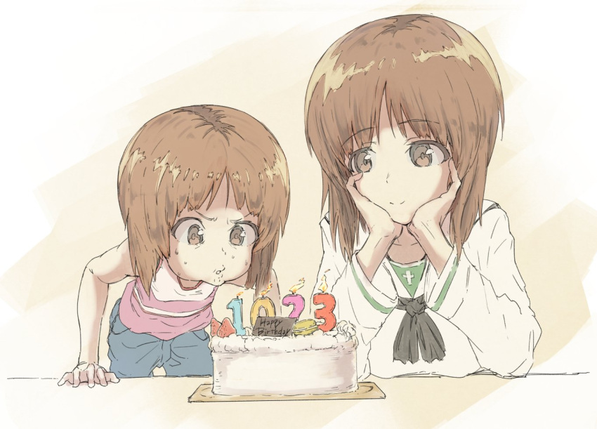 2girls birthday birthday_cake blowing brown_eyes brown_hair cake candle child commentary_request dual_persona food fruit girls_und_panzer goripan multiple_girls nishizumi_miho ooarai_school_uniform school_uniform serafuku short_hair simple_background strawberry tank_top teenage younger