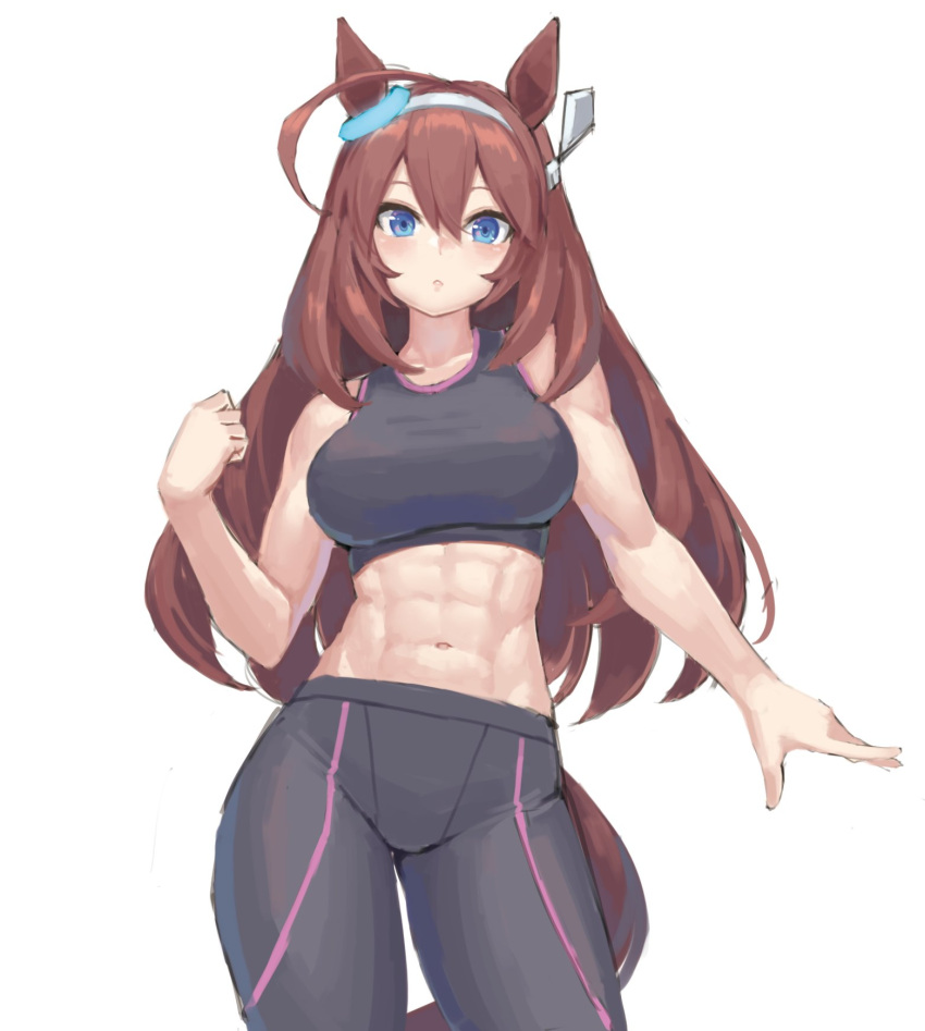 1girl abs ahoge alternate_costume animal_ears blue_eyes blush breasts brown_hair clenched_hand hair_between_eyes highres horse_ears horse_tail long_hair medium_breasts mihono_bourbon_(umamusume) navel ranma_(kamenrideroz) ribbon solo tail umamusume white_background white_ribbon