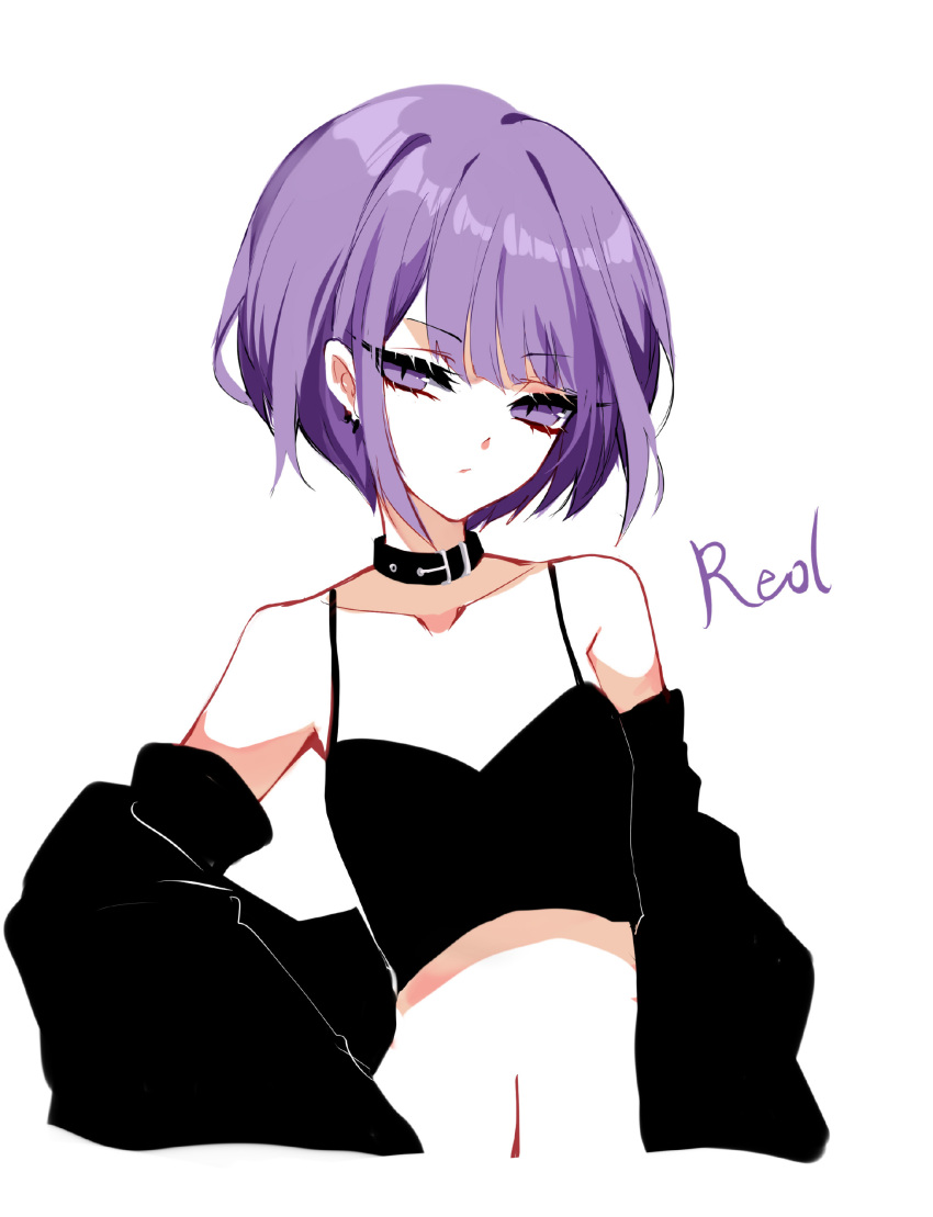 1girl absurdres bangs bare_shoulders black_collar black_jacket breasts camisole character_name chinese_commentary collar commentary_request crop_top eyebrows_visible_through_hair eyelashes head_tilt highres jacket long_sleeves looking_at_viewer midriff navel niconico off_shoulder open_clothes open_jacket purple_hair reol sheya short_hair simple_background small_breasts solo spaghetti_strap stomach upper_body violet_eyes white_background wide_sleeves